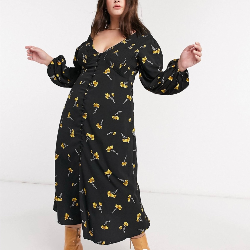 Floral print, button down, midi dress with balloon sleeve. NWOT.